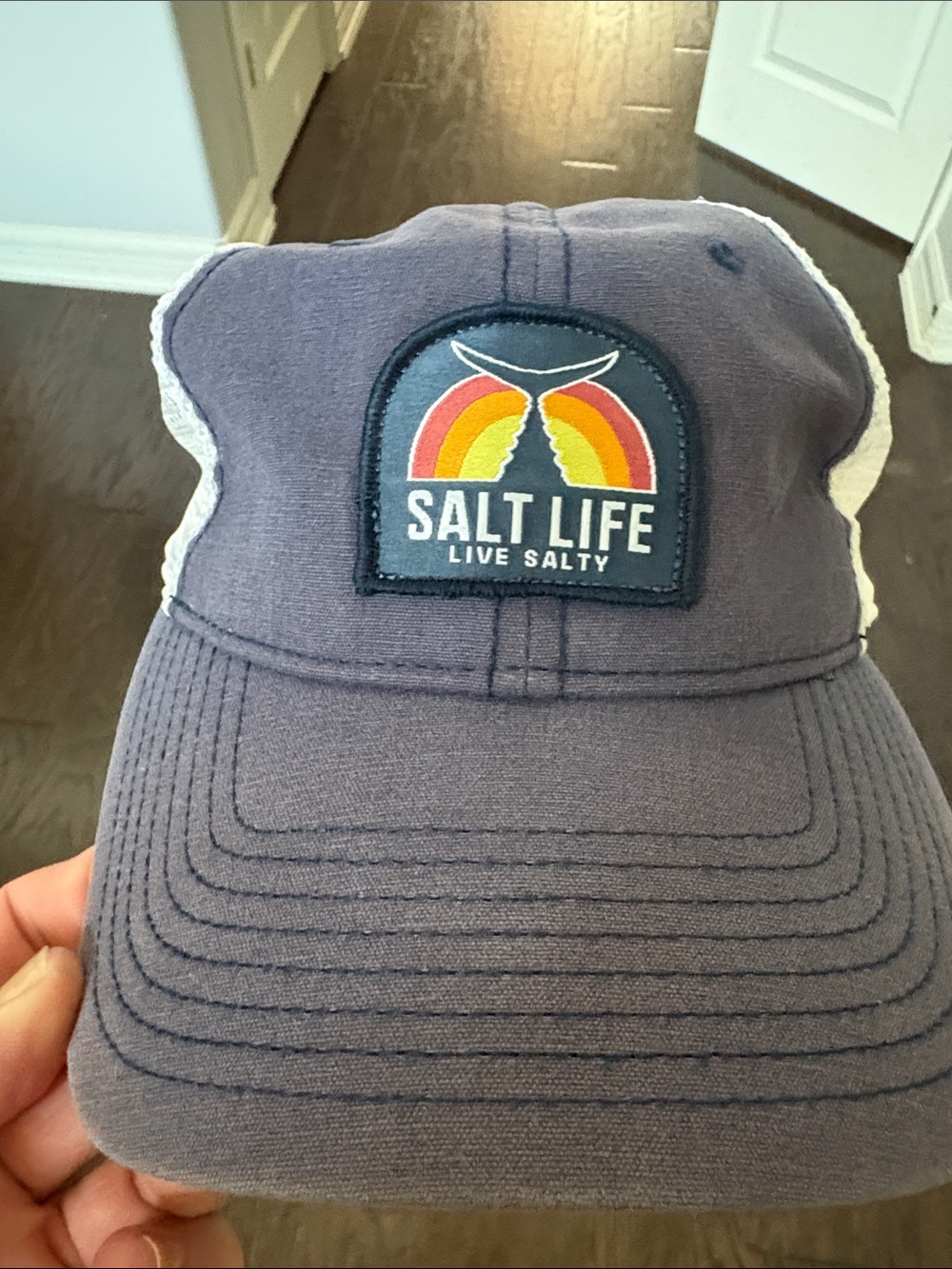Salt Life Kids Gray Navy Patch Hat with Red Yellow Orange Accents